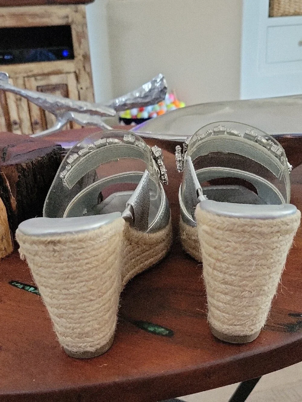 Karl Lagerfeld Carlana Silver Jeweled Espadrille Wedge Mules